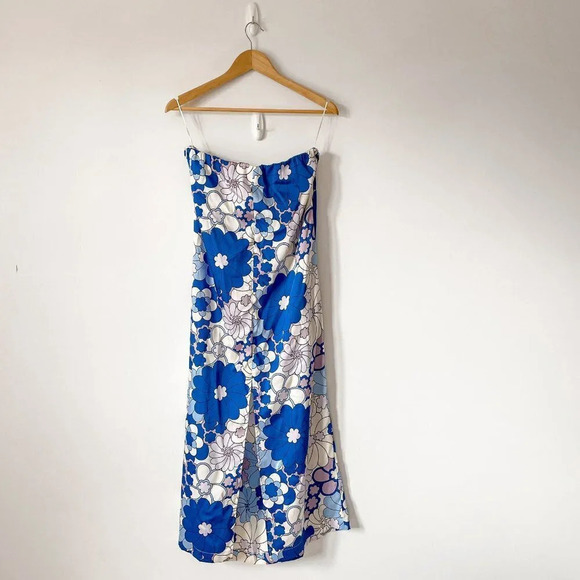 Zara Retro  Floral Satin Effect Strapless Midi Dress NWT Blue White Purple Small - Picture 15 of 16